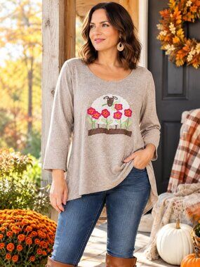 Cactus + Pearl Tan Embroidered Floral Sheep Tunic Top XXL NWT